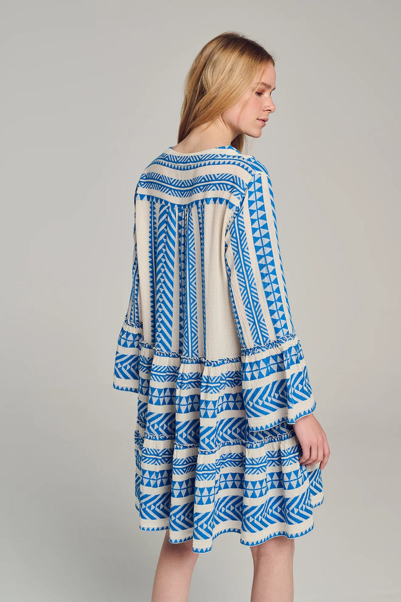 Short Ella Dress in Blue/Off White