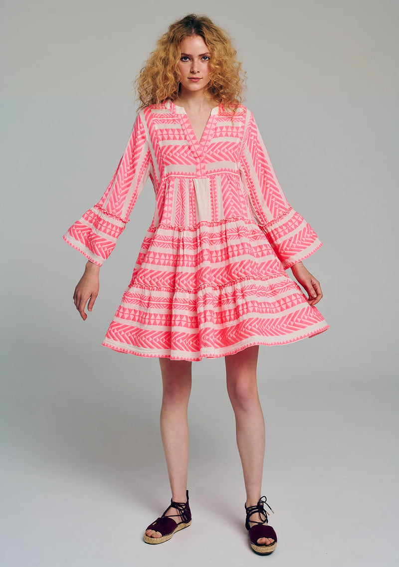 Short Ella Dress in Neon Pink/Off White