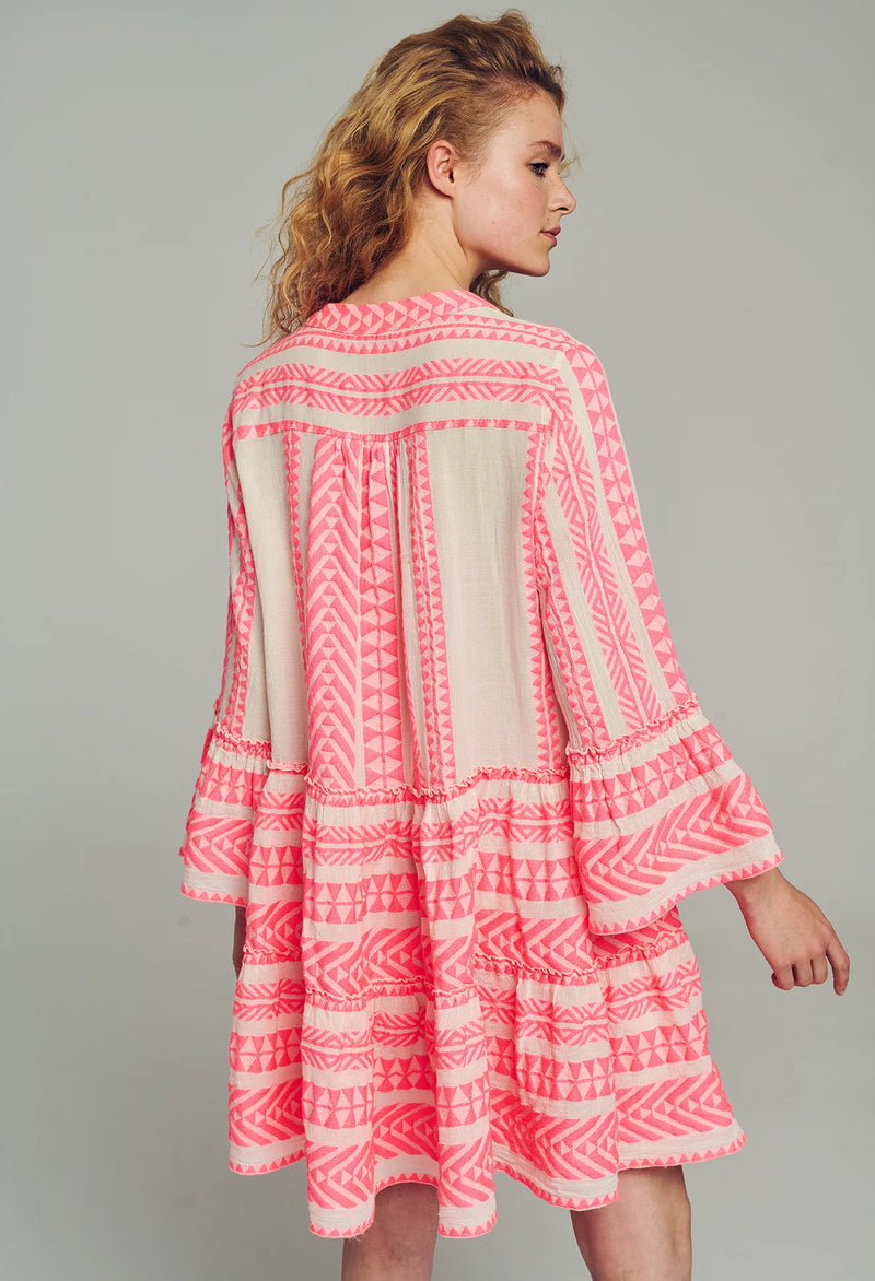 Short Ella Dress in Neon Pink/Off White