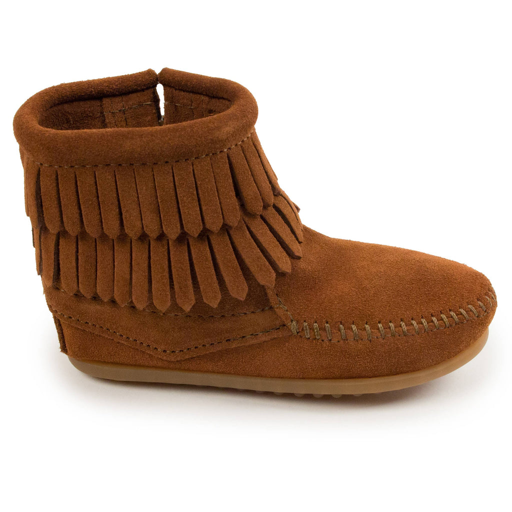 Kid's Suede Double Fringe Side Zip Bootie Boot in Brown