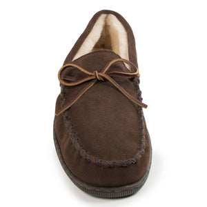 Men's Cozy Suede Faux Fur Lined Hardsole Moccasin Slipper in Chocolate