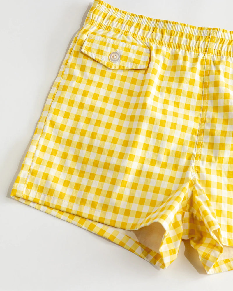 Gingham Cabana Swim Trunk in Yellow (Unisex)