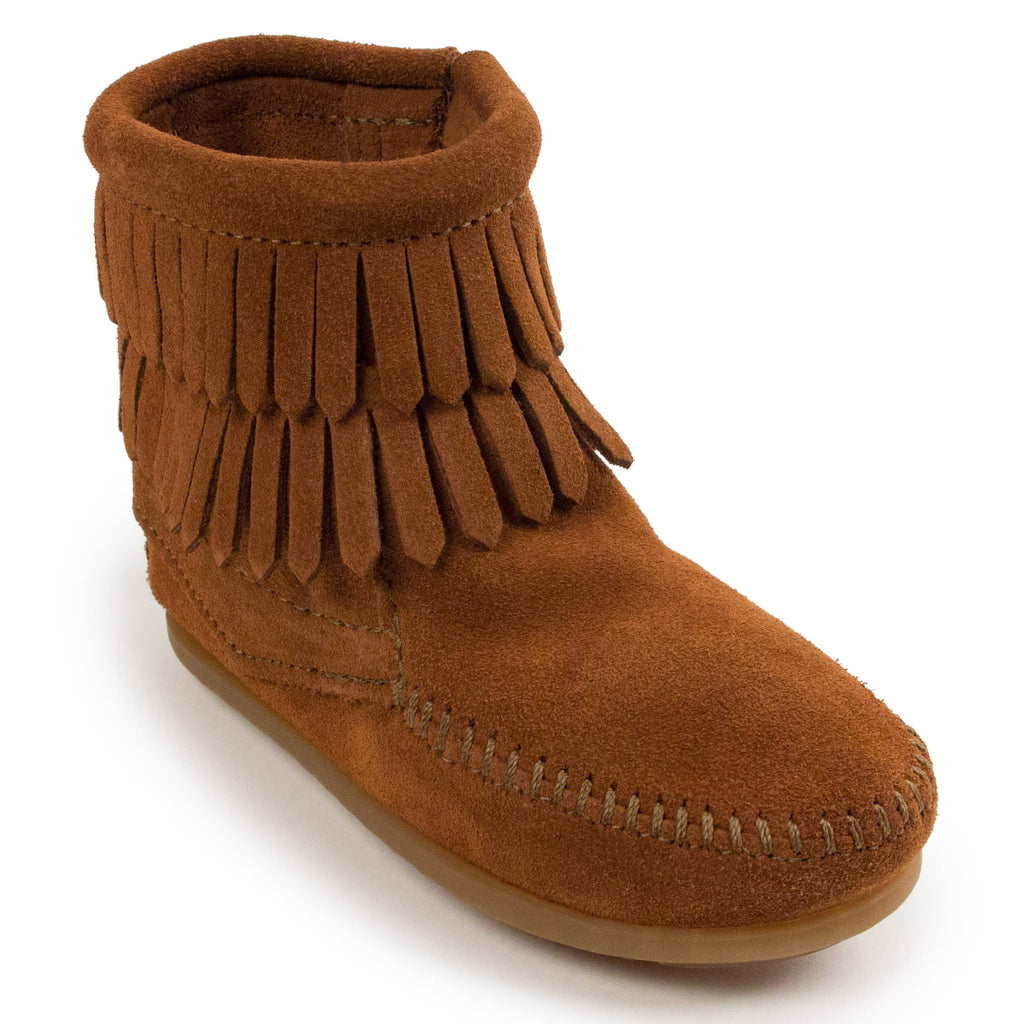 Kid's Suede Double Fringe Side Zip Bootie Boot in Brown